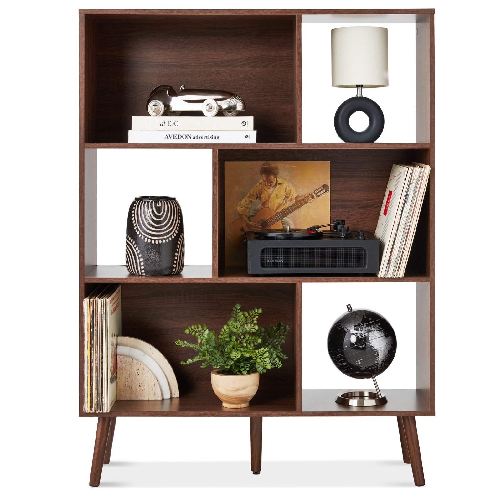3-Tier Mid-Century Modern Wooden Bookcase w/ 3 Back Panels. Offset Legs