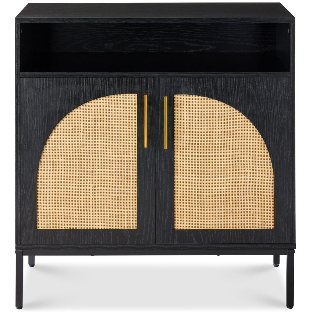 2-Door Rattan Cabinet. Buffet. w/ Cord Cutout & Storage Shelf. Natural