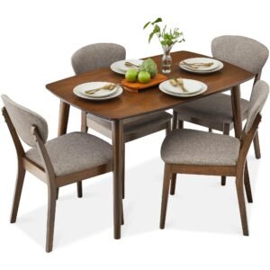 5-Piece Wooden Mid-Century Modern Dining Set w/ 4 Chairs. Padded Seat & Back