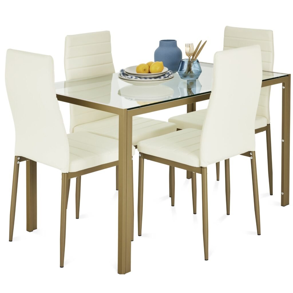 5-Piece Dining Table Set w/ Glass Top. Leather Chairs