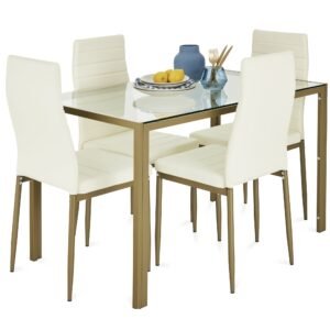 5-Piece Dining Table Set w/ Glass Top. Leather Chairs