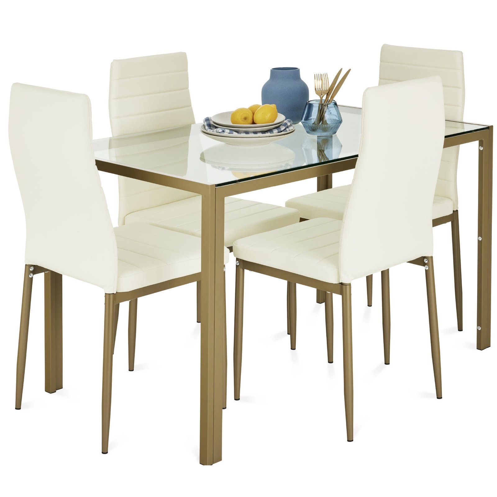 5-Piece Dining Table Set w/ Glass Top. Leather Chairs