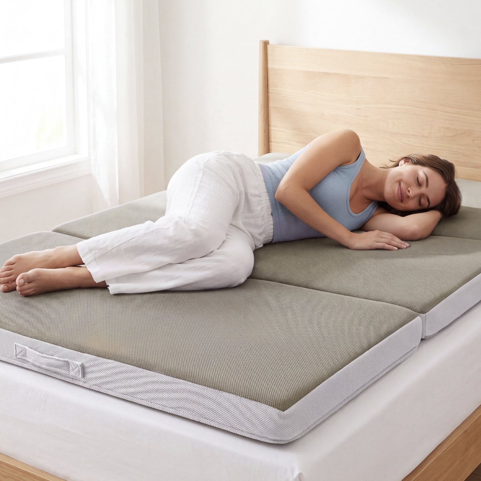 Folding Portable Taupe Mattress Topper w/ Plush Foam - 4in
