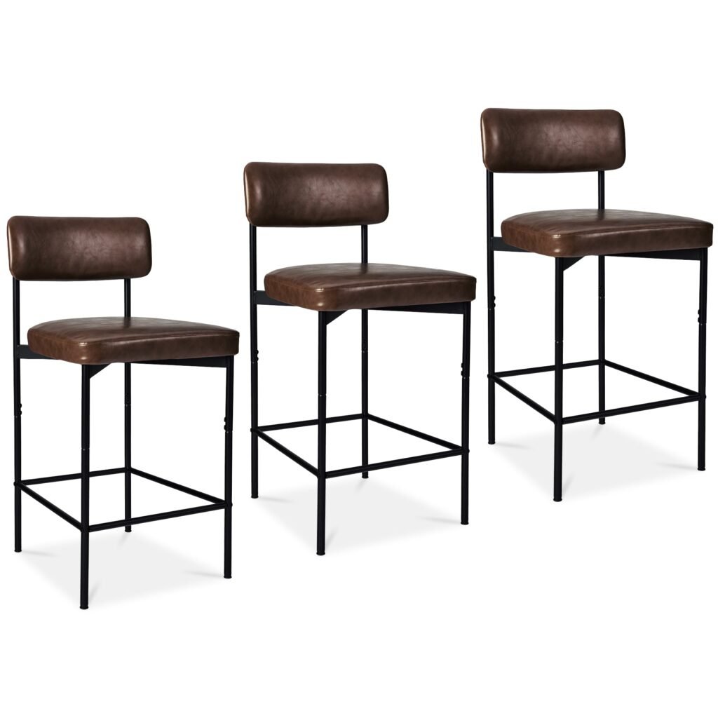 Set of 3 Armless Counter Height Bar Stools. Modern PU Faux Leather Stools
