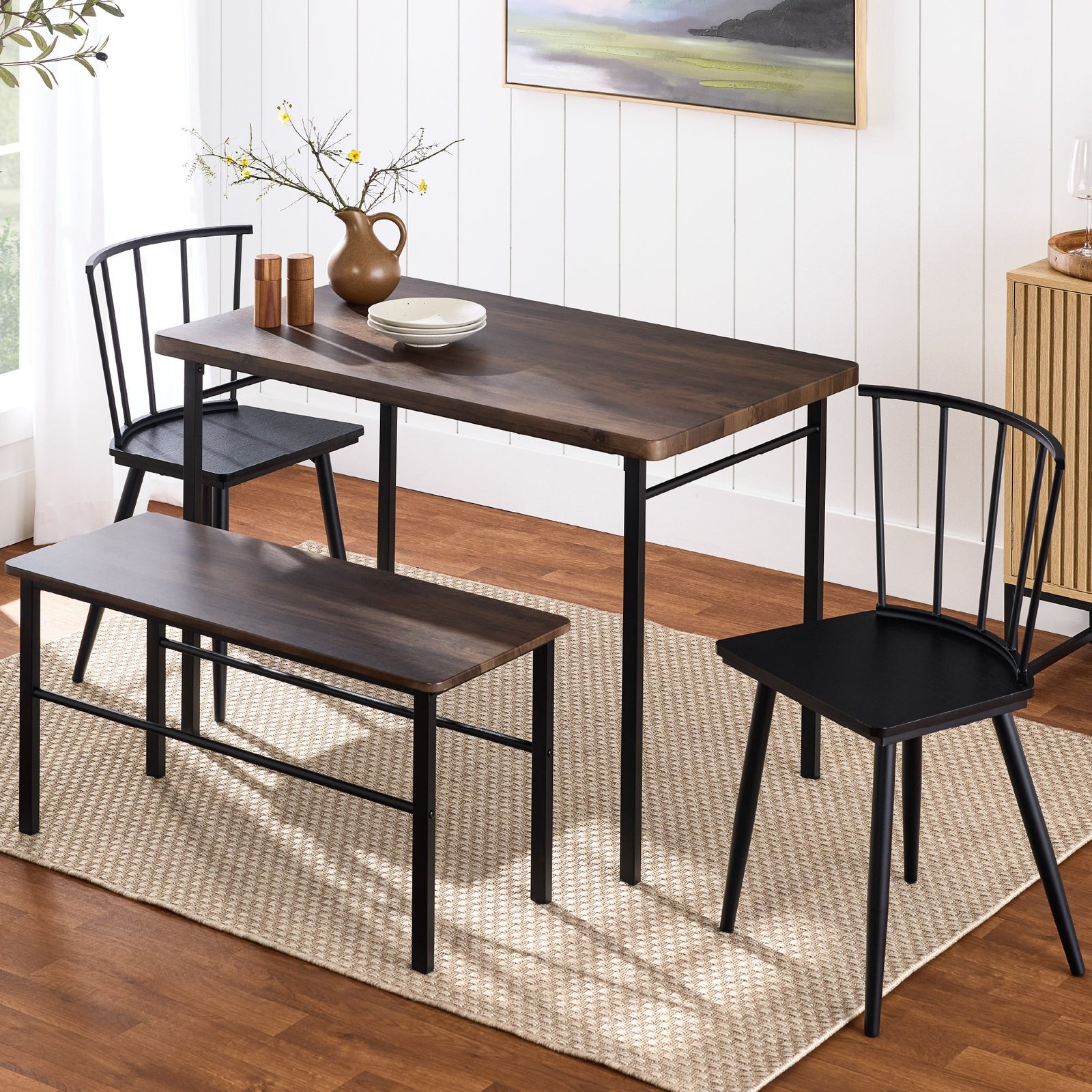 4-Piece Farmhouse Dining Table Set w/ 2 Black Spindle Chairs. Bench. Table