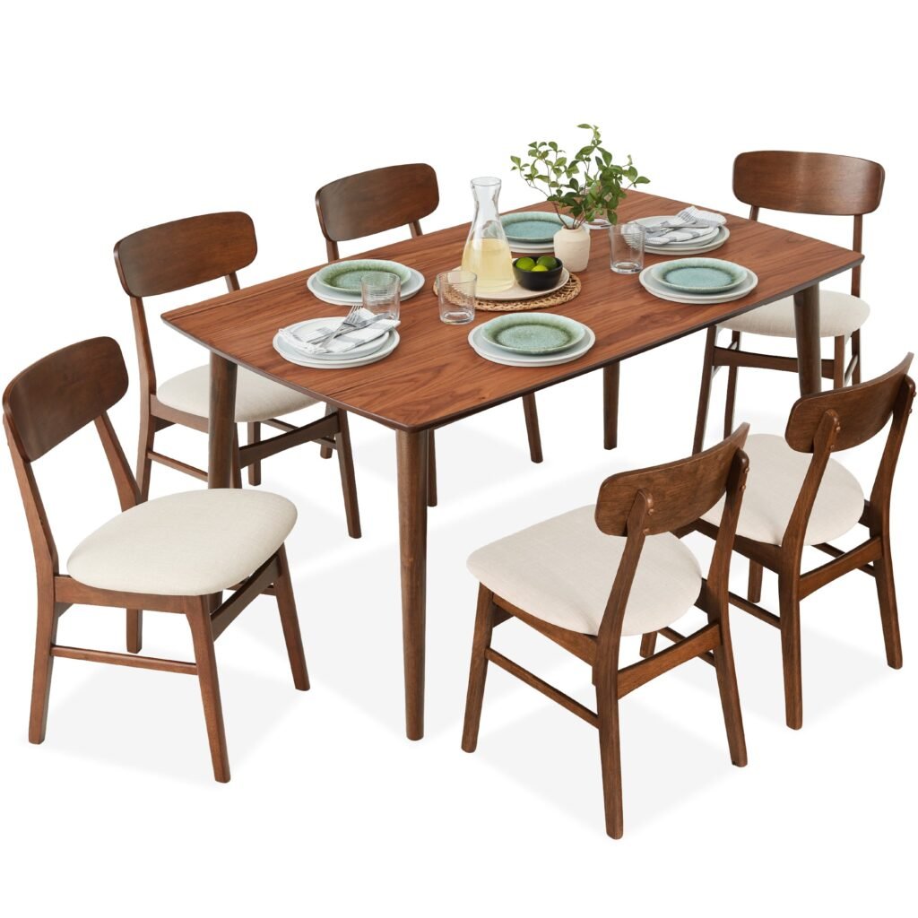 7-Piece Mid-Century Modern Dining Set. Wood Upholstered w/ 6 Chairs