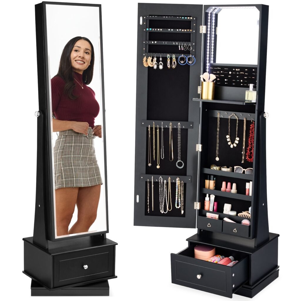 360 Swivel Mirrored Jewelry Cabinet Armoire w/ LED Lights. Mirror