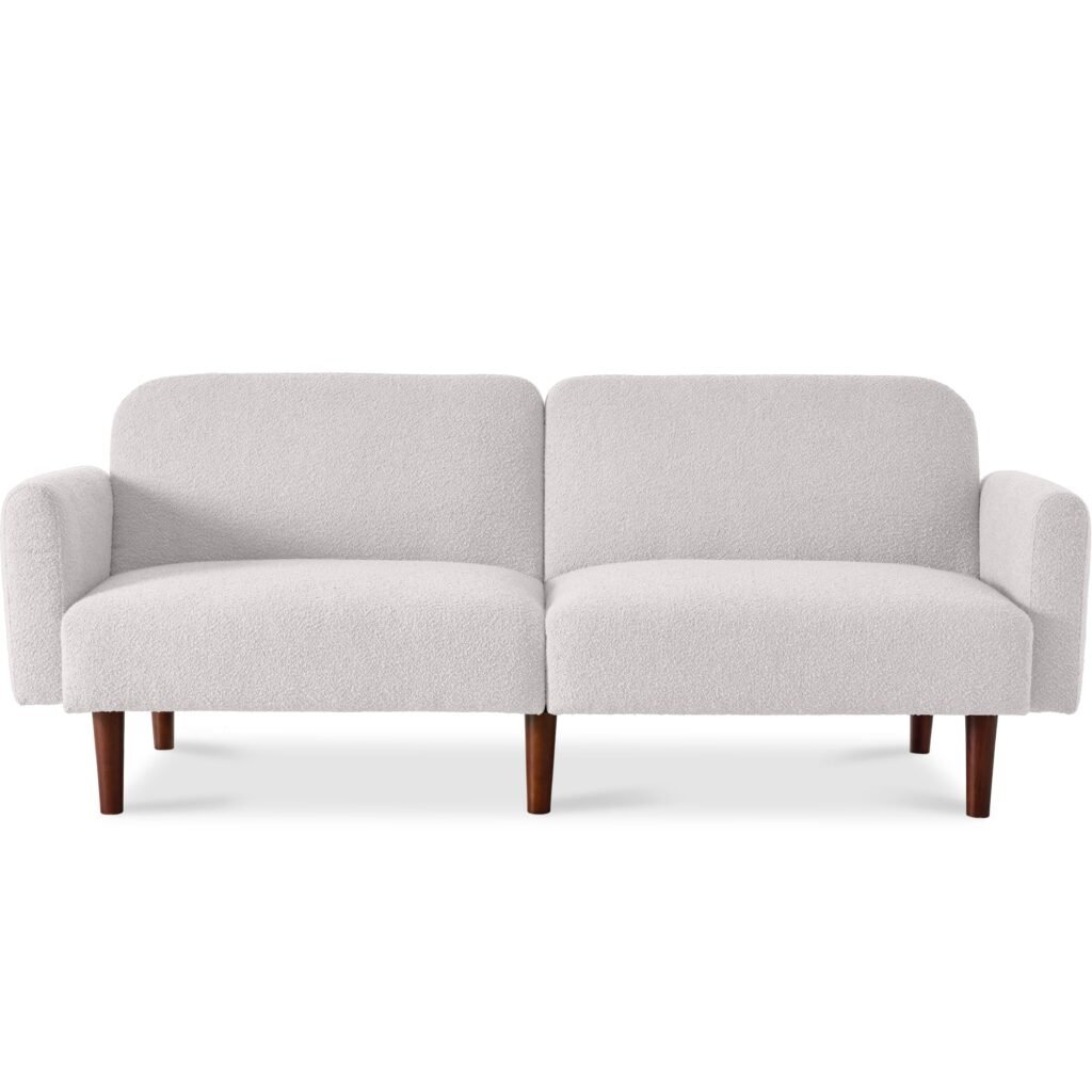 Curved Convertible Futon. Boucle Fabric Split-Back Sleeper Bed