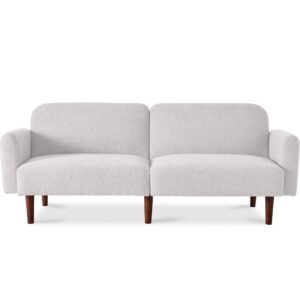 Curved Convertible Futon. Boucle Fabric Split-Back Sleeper Bed