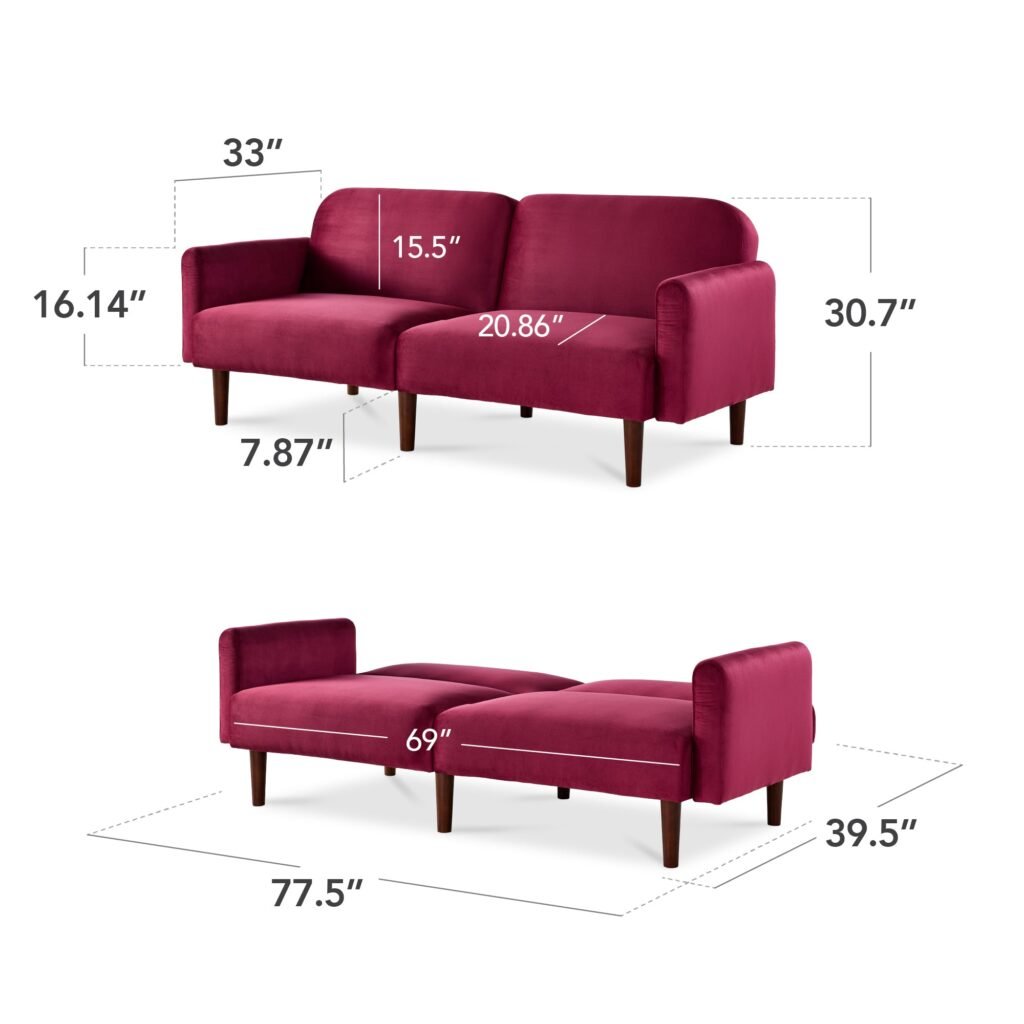 Curved Convertible Futon. Velvet Fabric Split-Back Sleeper Bed