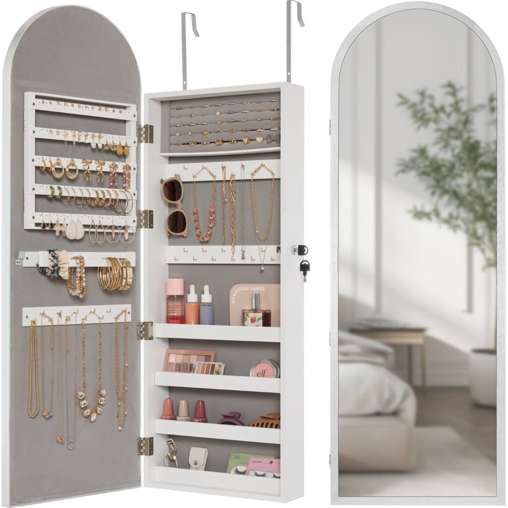 Door/Wall Mounted Arch Mirror Jewelry Armoire. w/ Metal Frame. Built-In Lock