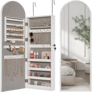 Door/Wall Mounted Arch Mirror Jewelry Armoire. w/ Metal Frame. Built-In Lock