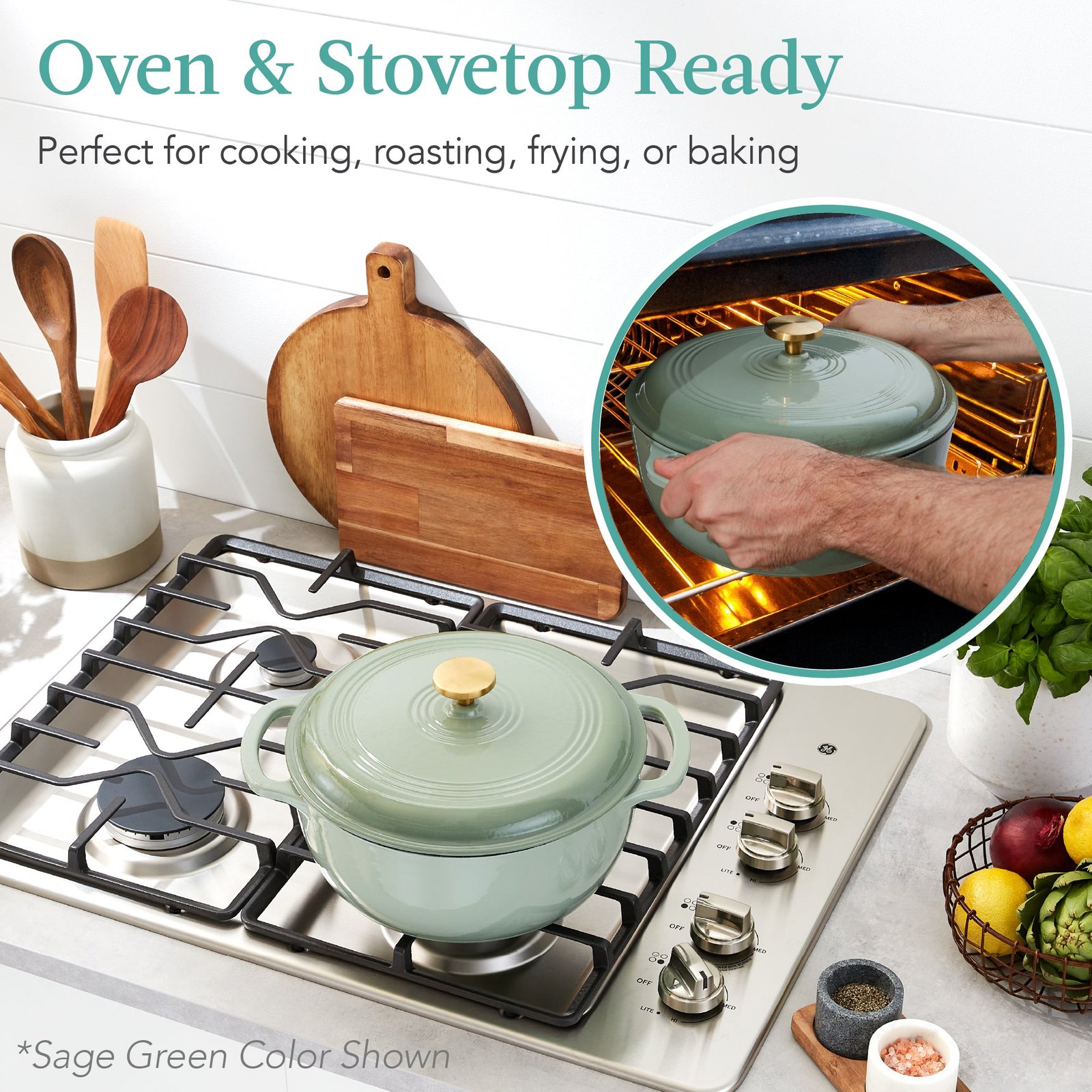 Cast-Iron Dutch Oven Kitchen Cookware w/ Enamel. Handles - 6qt - Image 3
