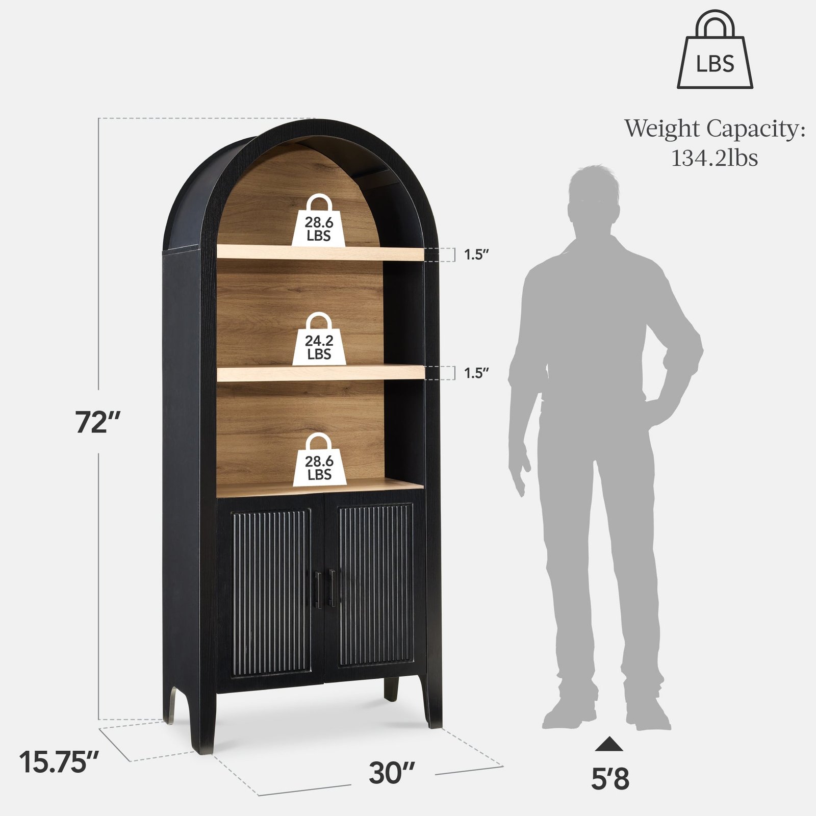 72 Tall Arched Pantry Cabinet w/ Doors. 5-Tier Storage Cabinet w/ Shelves - Image 2