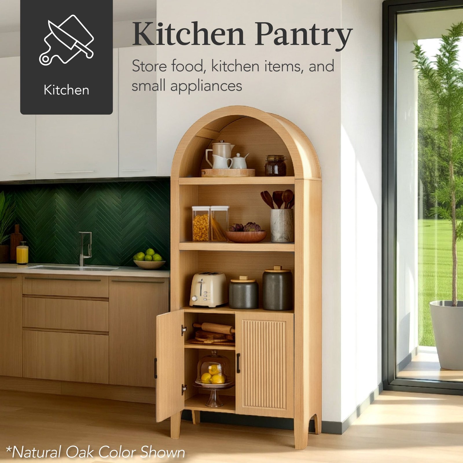 72 Tall Arched Pantry Cabinet w/ Doors. 5-Tier Storage Cabinet w/ Shelves - Image 5