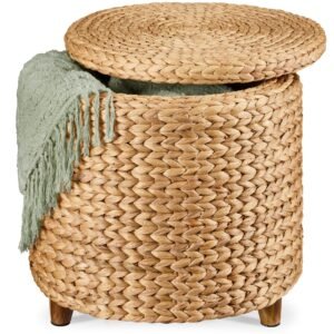 17 Round Storage Ottoman with Lid. Handwoven Water Hyacinth Footstool
