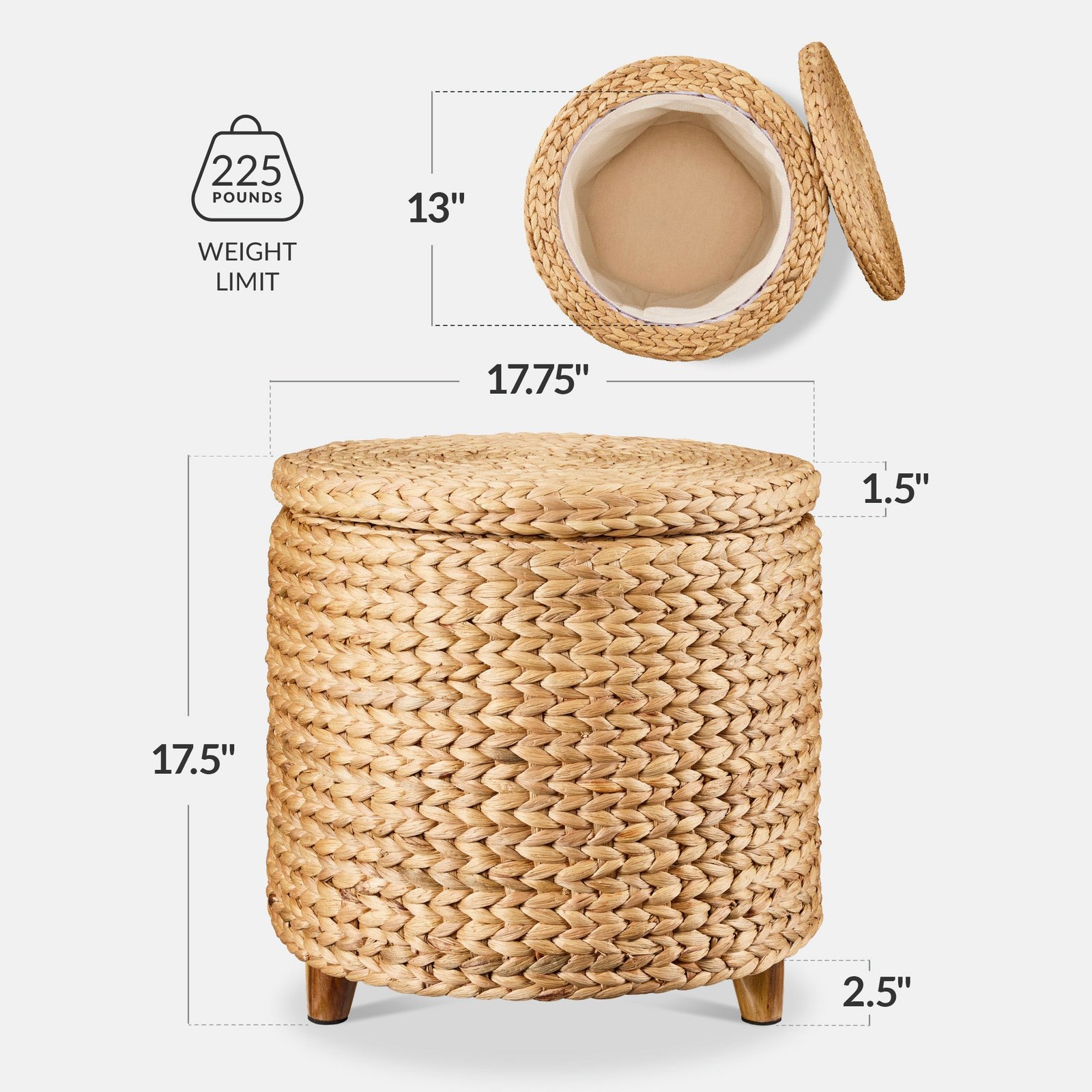 17 Round Storage Ottoman with Lid. Handwoven Water Hyacinth Footstool - Image 2