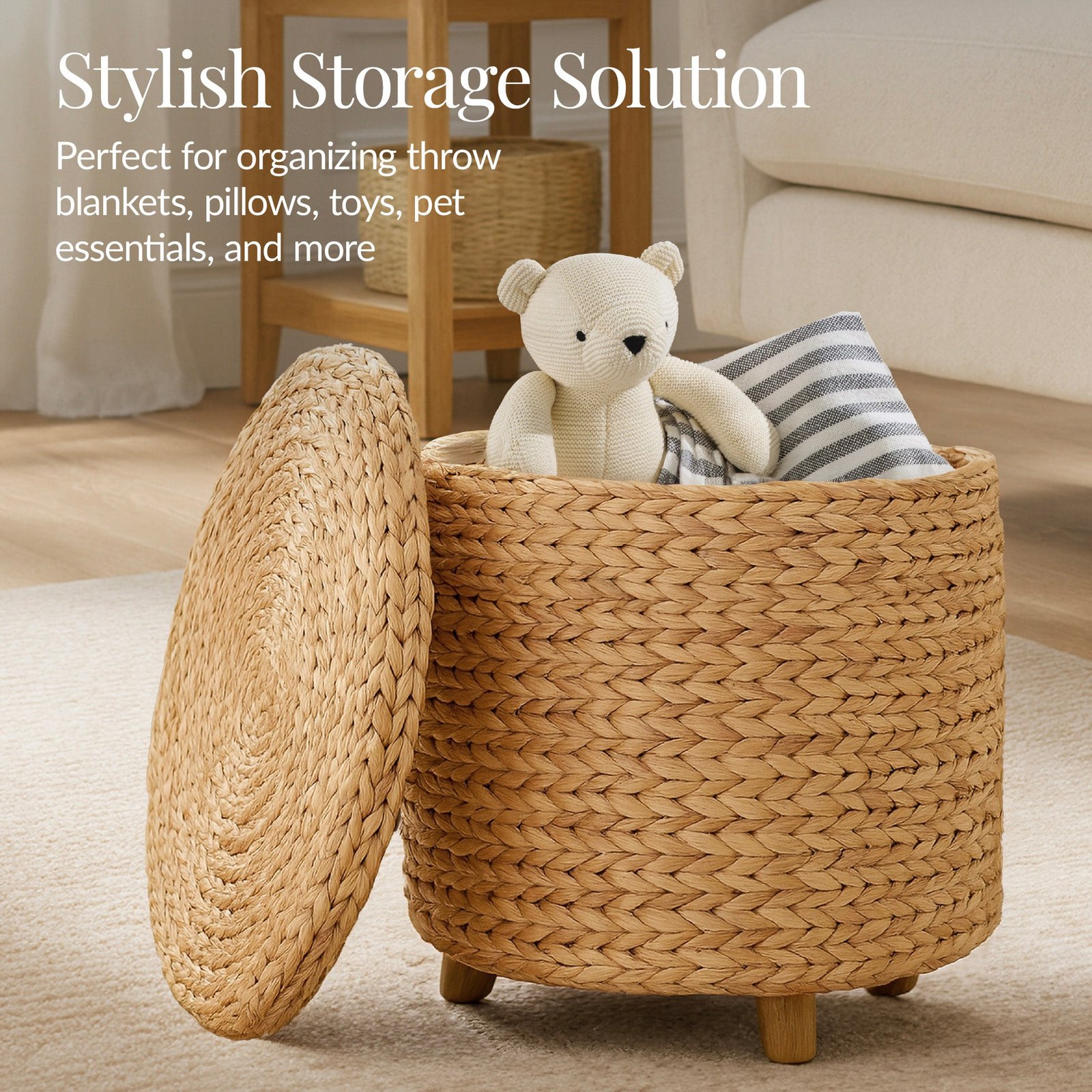 17 Round Storage Ottoman with Lid. Handwoven Water Hyacinth Footstool - Image 4