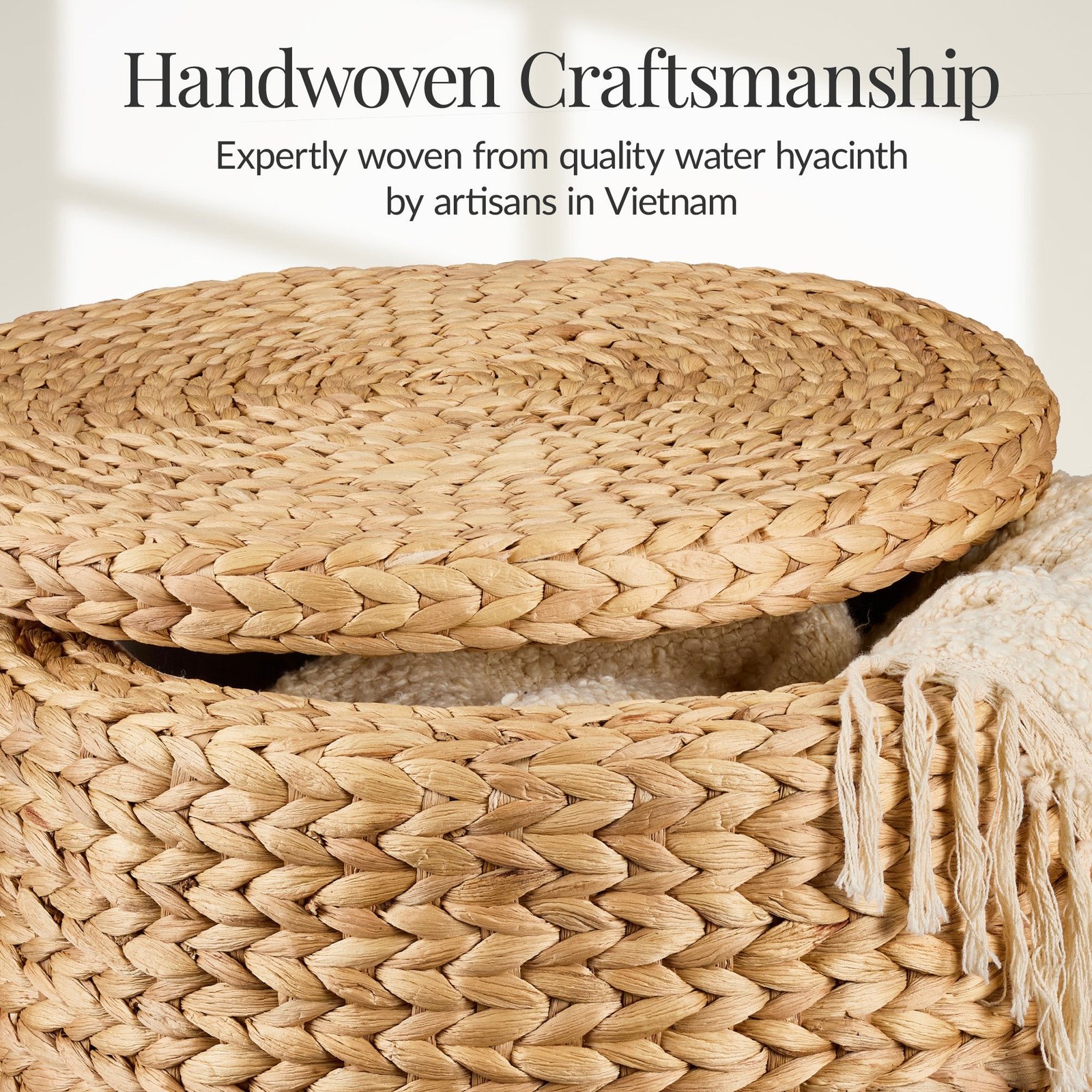 17 Round Storage Ottoman with Lid. Handwoven Water Hyacinth Footstool - Image 3