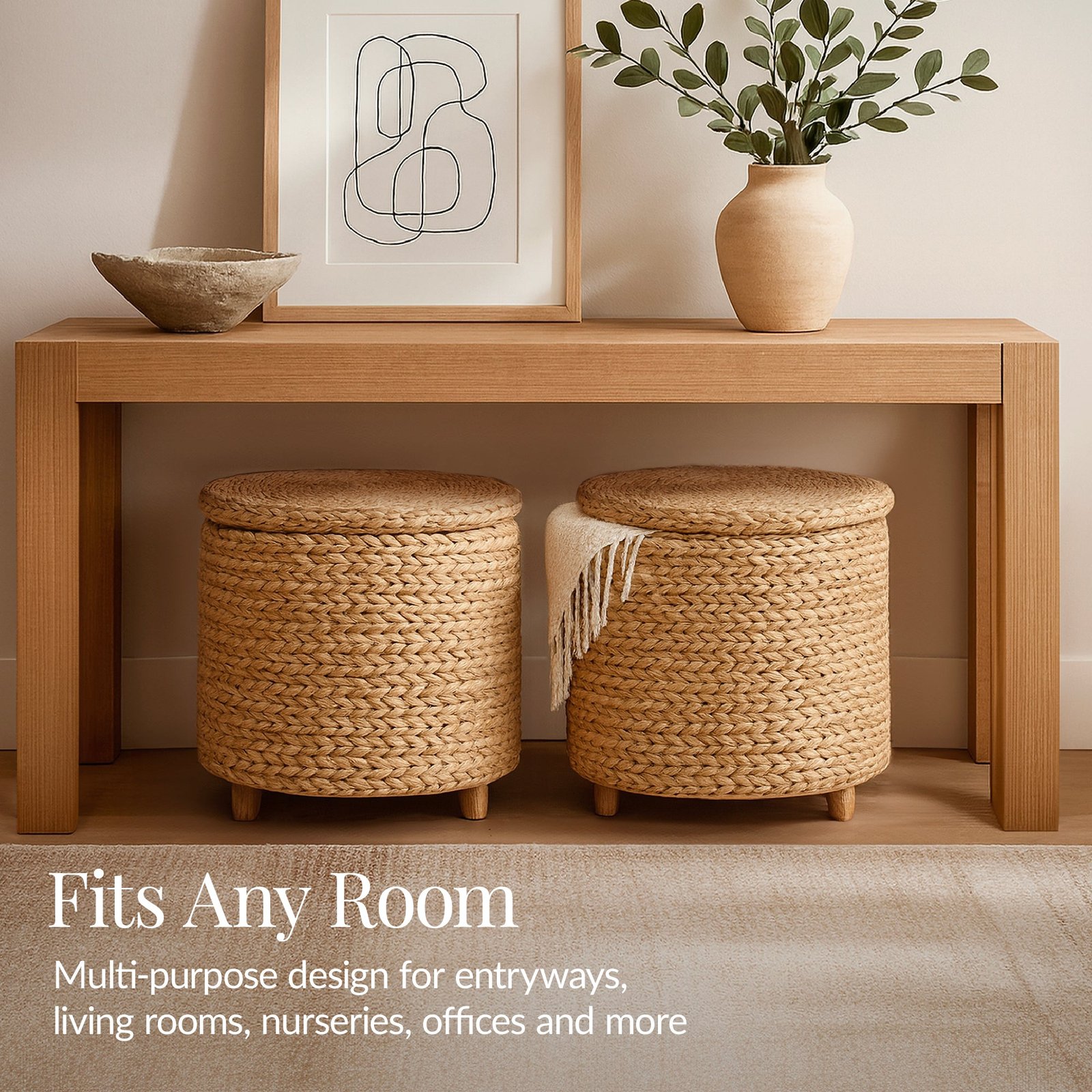 17 Round Storage Ottoman with Lid. Handwoven Water Hyacinth Footstool - Image 5