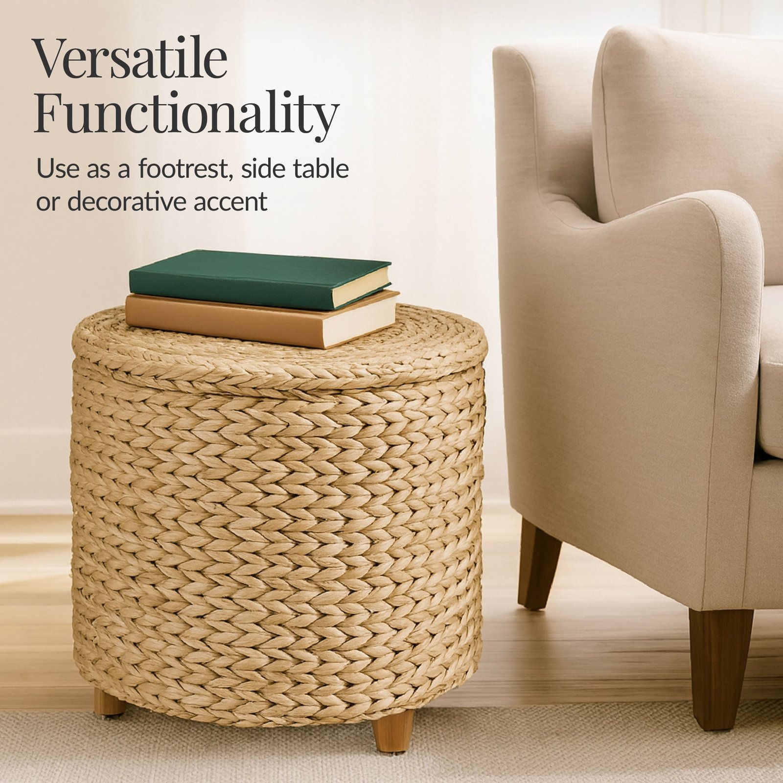 17 Round Storage Ottoman with Lid. Handwoven Water Hyacinth Footstool - Image 6